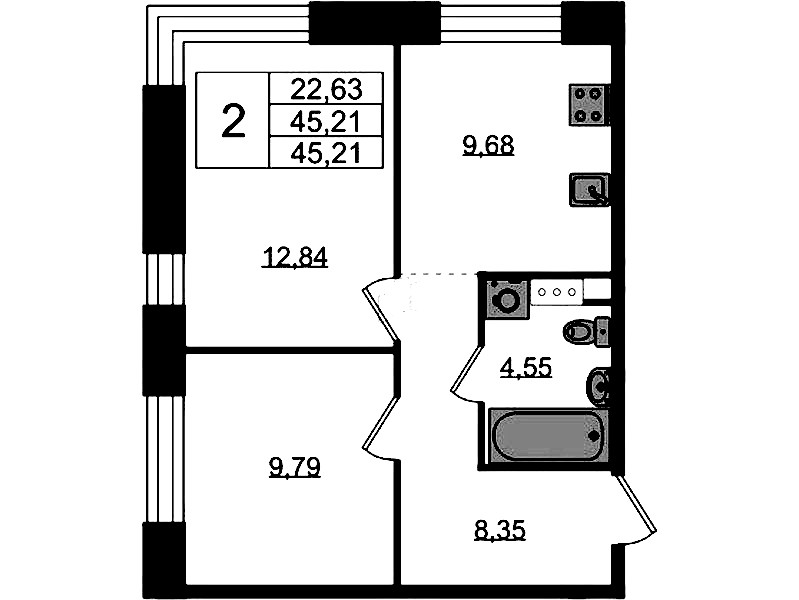 2-комнатная квартира 45.21 м², 2/5 эт., ЖК «Plus Пулковский»